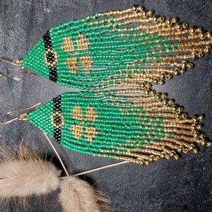 Handcrafted Beaded Earrings in Green and Gold